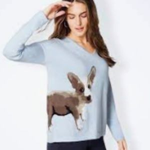 NWT J. Jill Lulu The Corgi Dog Graphic Sweater Light Blue